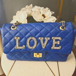 Beautiful Quilted Royal Blue Shoulder Bag. Rhinestone L.O.V.E. Never used.